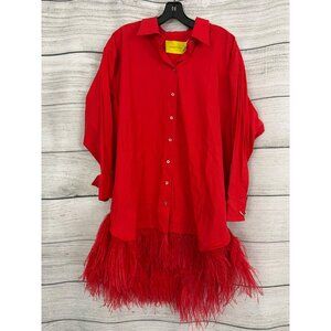 NWT Marques Almeida Organic Cotton Red Feather Hem Shirt Dress Size 8